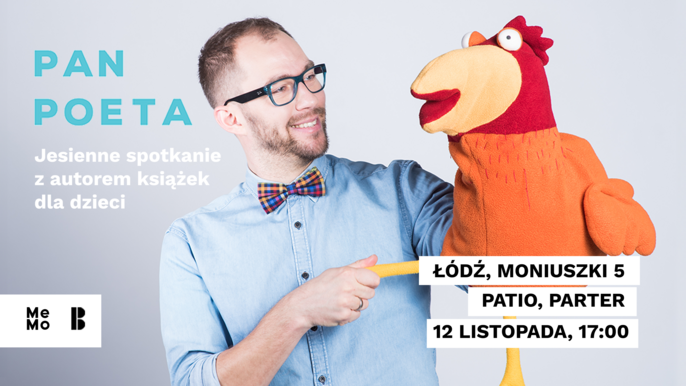  - Pan Poeta z pacynką kury na jasnym tle