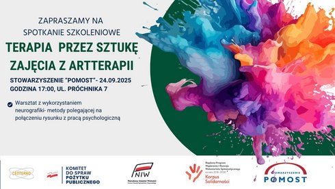 Po prawej stronie dynamiczna, kolorowa eksplozja farb i kształtów. Po lewej stronie na jasnym tle znajdują się wszystkie informacje tekstowe. Temat warsztatu: Zajęcia z wykorzystaniem neurografiki – metody polegającej na połączeniu rysunku z pracą psychologiczną. Data: 24.09.2025, Godzina: 17:00. Miejsce: Stowarzyszenie „Pomost”, ul. Próchnika 7. Organizatorzy i partnerzy (logotypy na dole grafiki): Stowarzyszenie Pomost, Centerko, Komitet do spraw Pożytku Publicznego, Narodowy Instytut Wolności (NIW), Korpus Solidarności – Rządowy Program Wspierania i Rozwoju Wolontariatu Systematycznego na lata 2018–2030