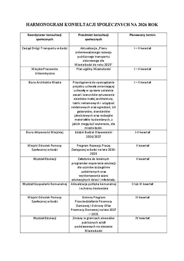 Harmonogram konsultacji 2026