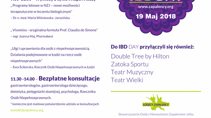 Grafika promująca wydarzenie: IBD Day - Światowy Dzień Nieswoistych Zapaleń Jelita w Łodzi - mat. pras. Stowarzyszenia Osób z NZJ „Łódzcy Zapaleńcy”
