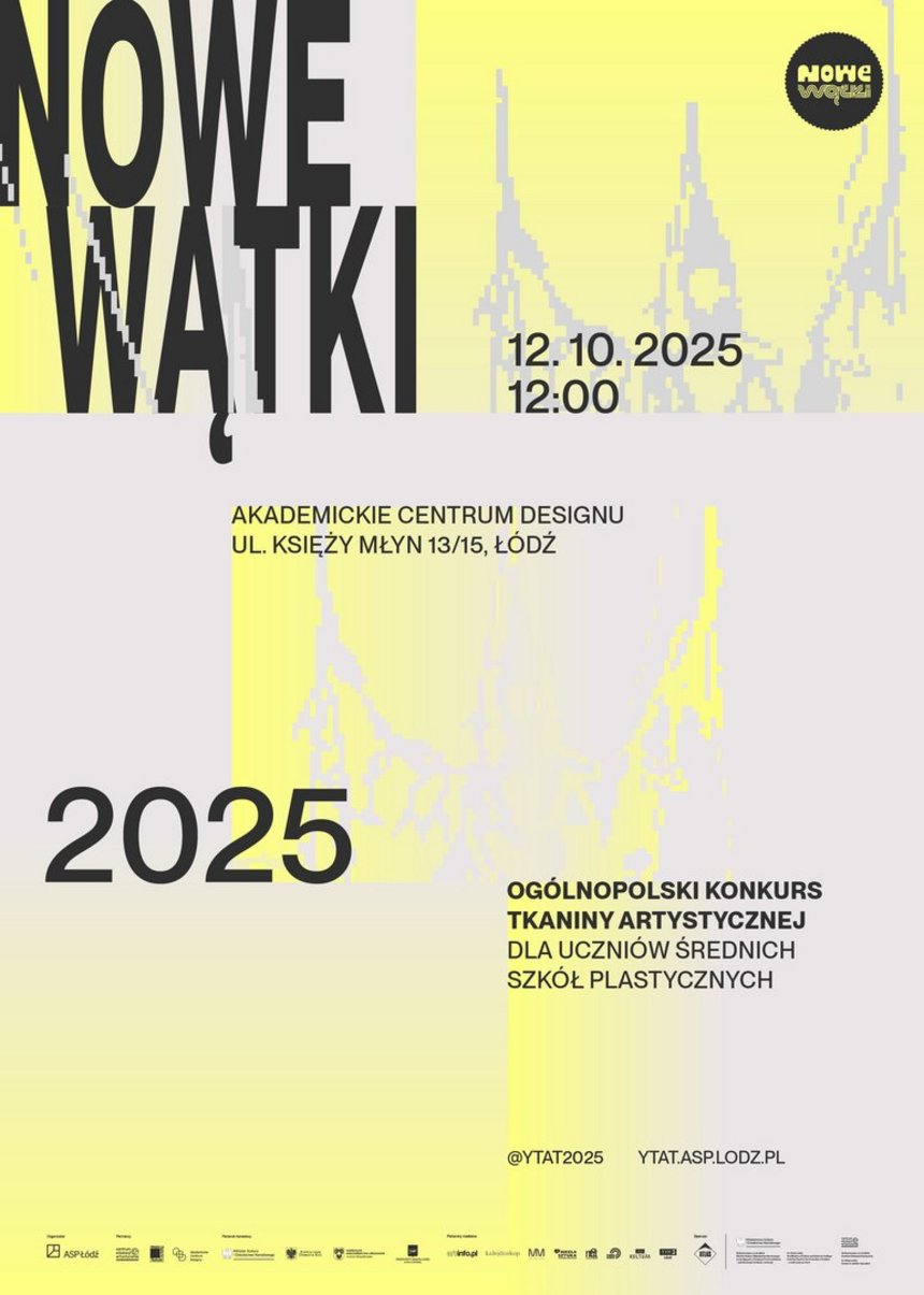 tło to gradacja koloru szarego z żółtym. to również występujące w tych dwóch kolorach rozpikselowane elementy trochę przypominające zwisające sploty tkaniny lub pajęczynę. są też czarne napisy info