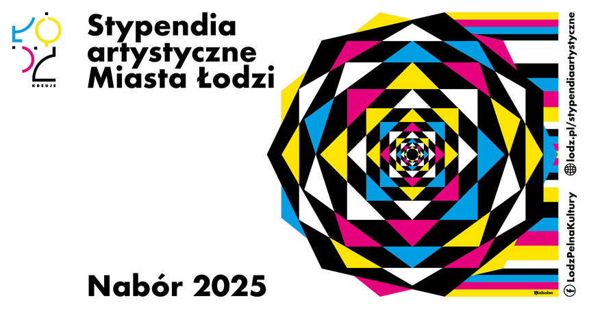 Grafika artystyczna promująca konkurs. W centralnym polu, na białym tle wielobarwny wielokąt, składający się z coraz większych figur geometrycznych, ułożonych centralnie względem siebie: kwadraty i wielokąty foremne. Na prawo od wielokąta prostopadłe, wielobarwne pasy w kolorach, tworzących wielokąt.