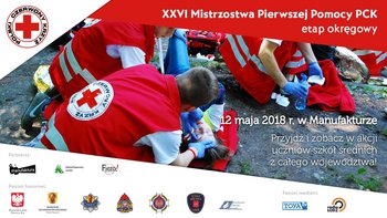 Grafika promująca wydarzenie: Mistrzostwa Polski PCK w udzielaniu pierwszej pomocy na rynku Manufaktury -  mat. pras. Manufaktura