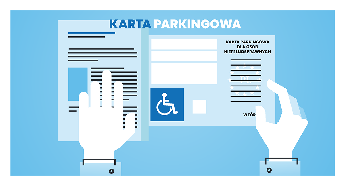  , Na niebieskim tle, na pierwszym planie znajduje się wzór karty parkingowej dla osoby z niepełnosprawnością. Kartę trzymają dwie dłonie, widoczne na dole.