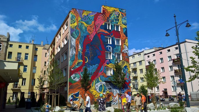 Festiwal Urban Forms 2018: trójwymiarowy mural Awera przy ul. Pomorskiej 93 - fot. Wojciech Markiewicz / UMŁ 