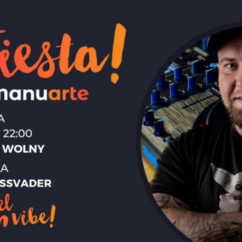 Plakat reklamowy: granatowe tło, pomarańczowe napisy.