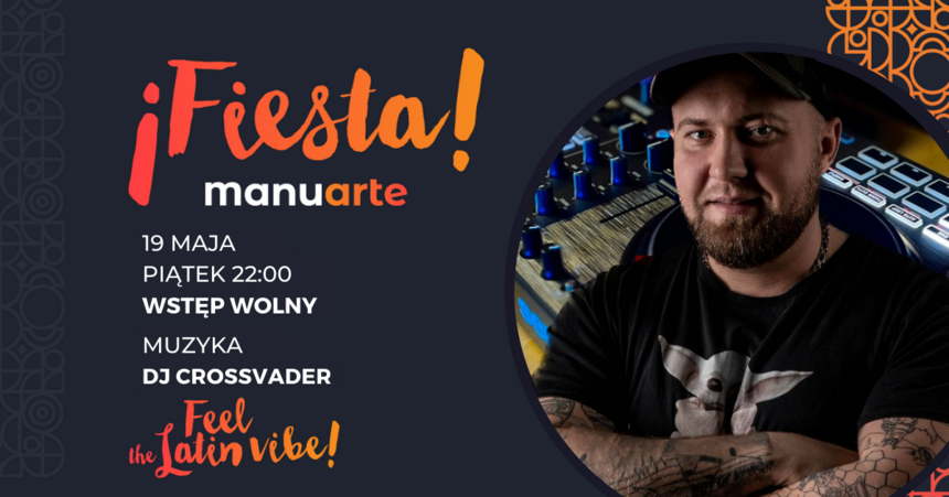 Plakat reklamowy: granatowe tło, pomarańczowe napisy.