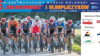  -  na zdjęciu jest plakat z jadącymi kolarzami i sponsorami wyścigu