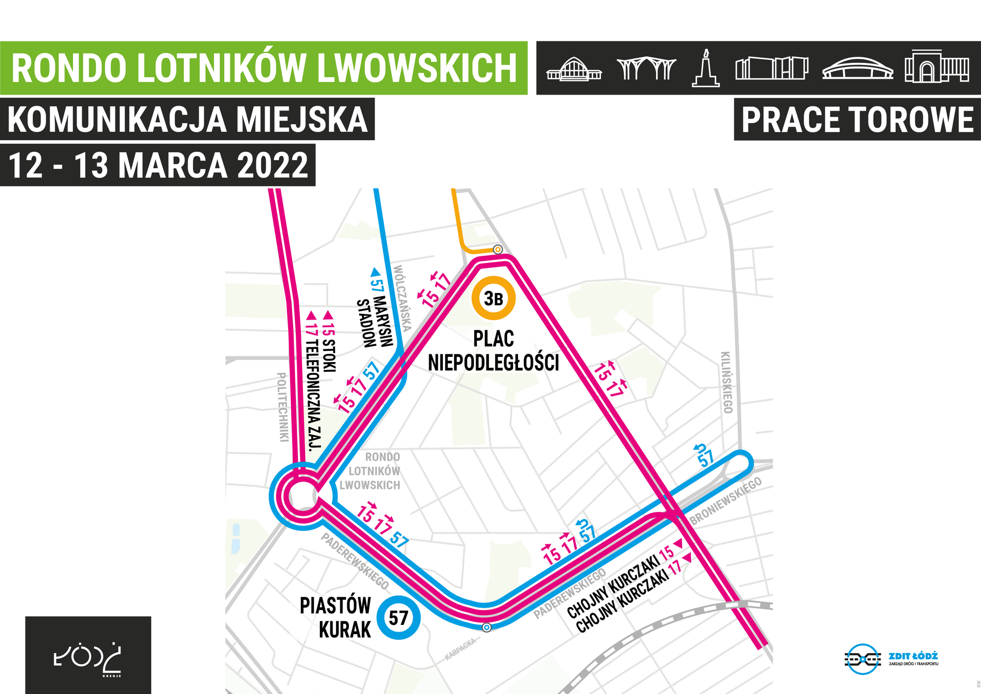 Zmiany MPK Łódź na rondzie Lotników Lwowskich 