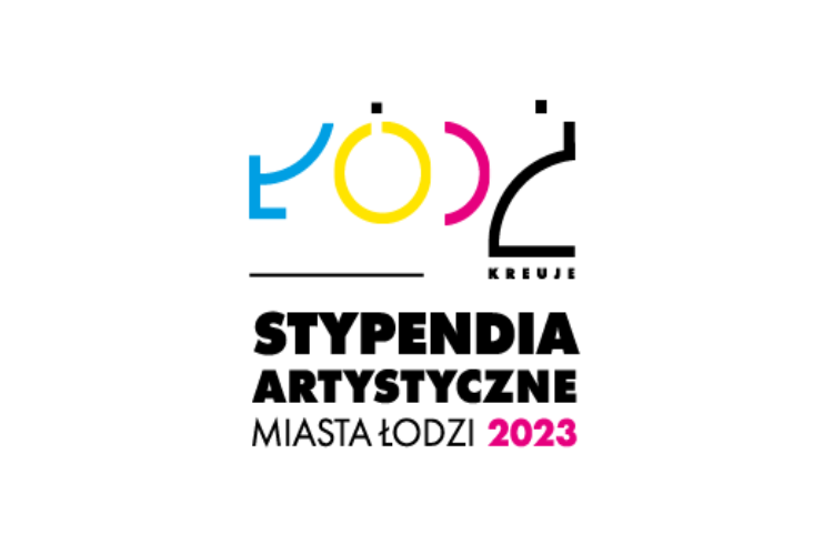  -  Napis na białym tle rozpoczynający się kolorowym logotypem Łódź. Stypendia artystyczne Miasta Łodzi 2023